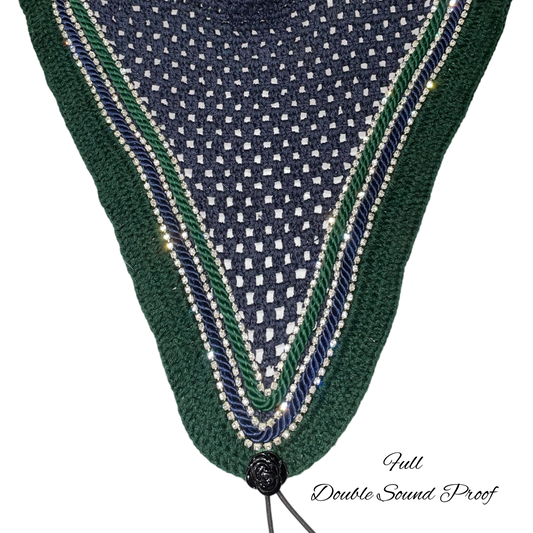 Double Soundproof - Tiedown Bonnets - Full - Navy Base/Dark Green Straight Edge/3 Clear Bling/Dark Green and Navy Piping