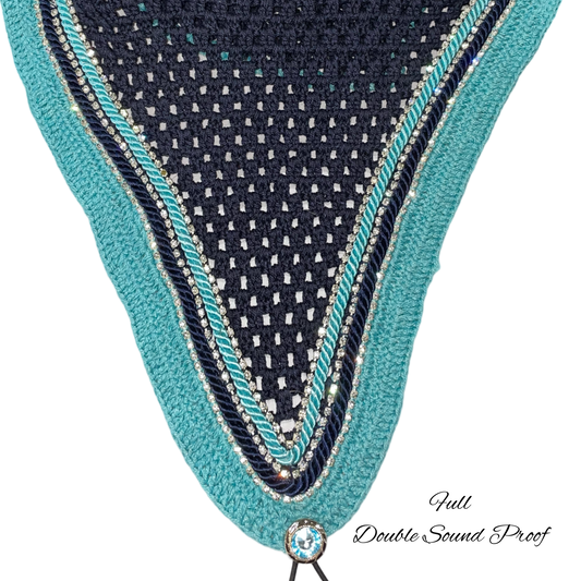 Double Soundproof - Tiedown Bonnets - Full - Navy Base/Baby Blue Straight Edge/3 Clear Bling/Navy and Baby Blue Piping