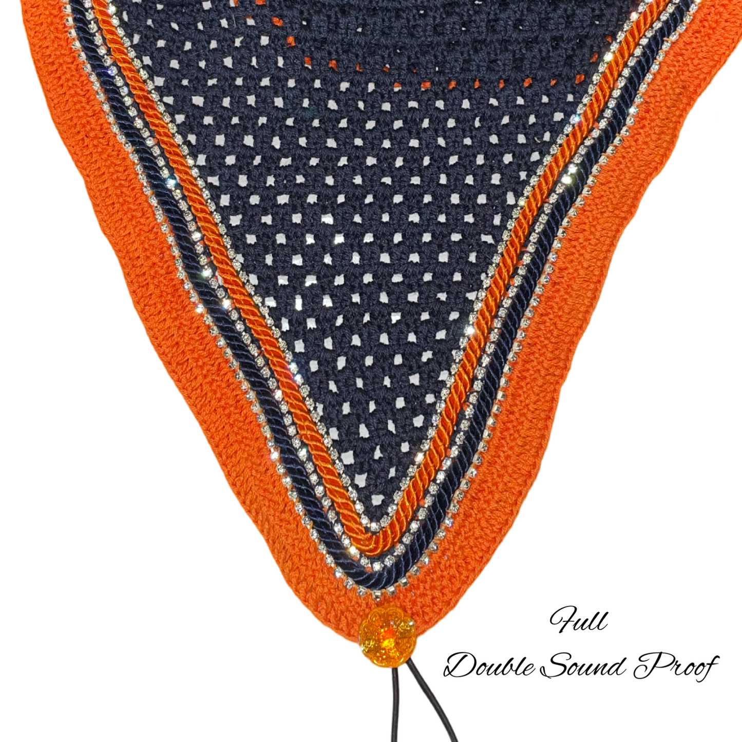 Double Soundproof - Tiedown Bonnets - Full - Navy Base/Orange Straight Edge/3 Clear Bling/Navy and Orange Piping