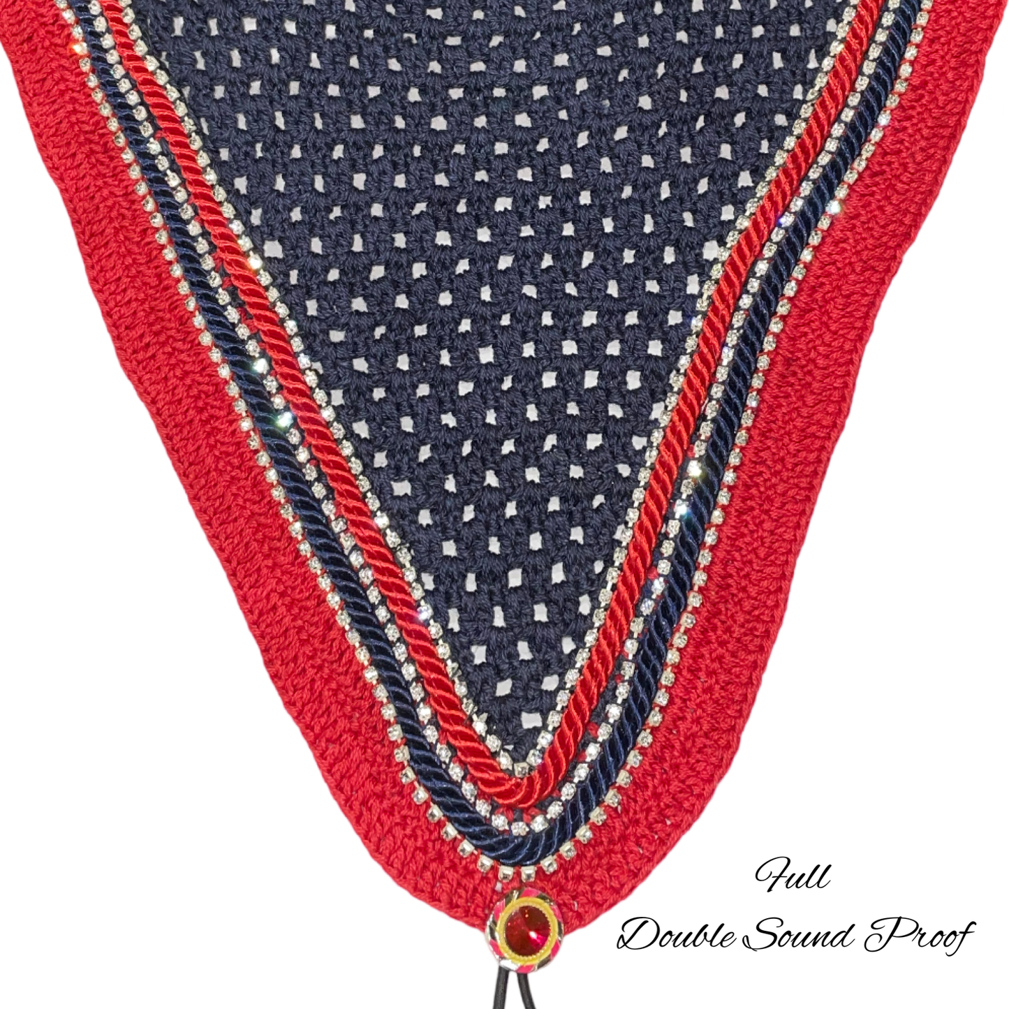 Double Soundproof - Tiedown Bonnets - Full - Navy Base/Red Straight Edge/3 Clear Bling/Navy and Red Piping