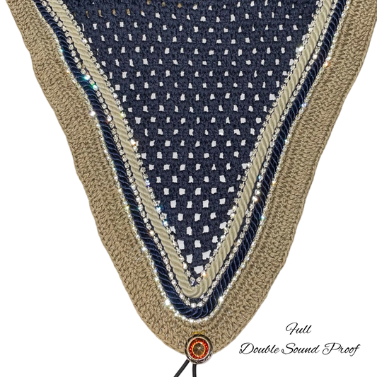 Double Soundproof - Tiedown Bonnets - Full - Navy Base/Taupe Straight Edge/3 Clear Bling/Navy and Taupe Piping