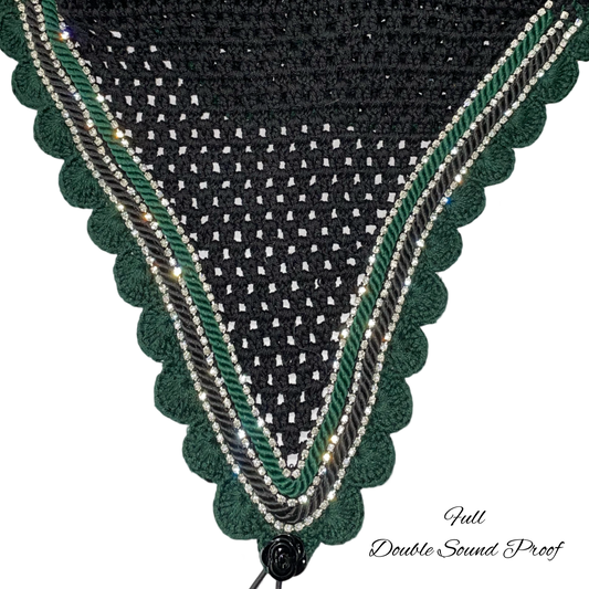 Double Soundproof - Tiedown Bonnets - Full - Black Base/Dark Green Scallops/3 Clear Bling/Dark Green and Black Piping