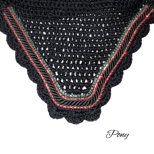 Classic Cut Bonnets - Pony - Black Base/Black Scallops/2 Red Bling/1 Green Bling/1 Black Piping