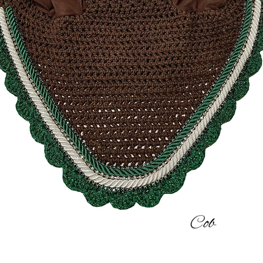 Classic Cut Bonnets - Cob - Dark Brown Base/Sparkly Green Scallops/2 Green Bling/1 Clear Bling/White & Green Piping