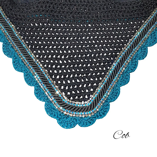 Classic Cut Bonnets - Cob - Black Base/Teal Scallop/2 Grey Bling/2 Teal Bling/1 Black Piping