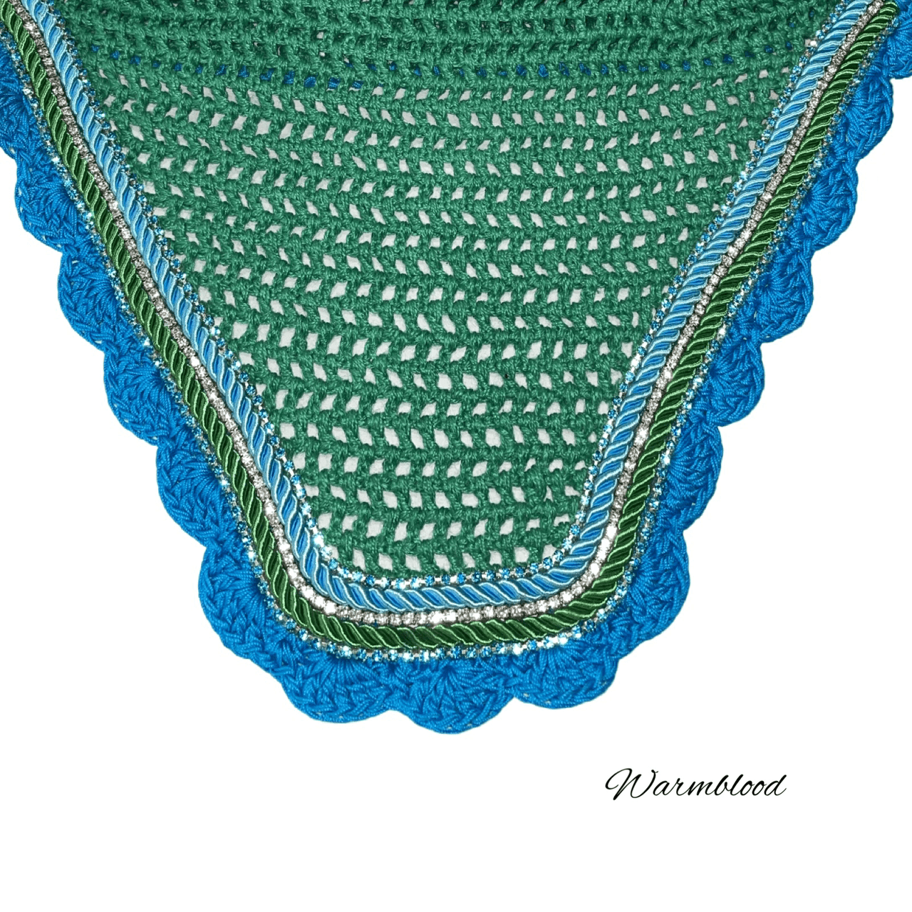 Classic Cut Bonnets - Warmblood - Emerald Green Base/Sky Blue Scallops/2 Blue Bling/1 Clear Bling/Green & Blue Piping