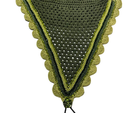 Tiedown Bonnets - Cob - Dark Olive Base/Olive Scallops/3 Clear Bling/Light and Dark Olive Piping