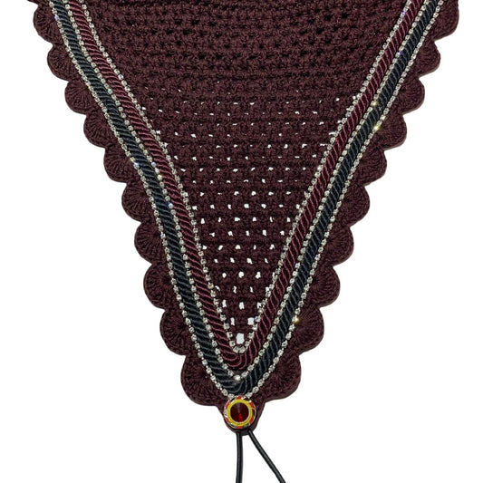 Tiedown Bonnets - Warmblood - Burgundy Base/Burgundy Scallops/3 Clear Bling/Burgundy and Black Piping