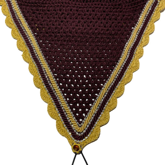 Tiedown Bonnets - Warmblood - Burgundy Base/Gold Scallops/3 Clear Bling/Gold and Burgundy Piping