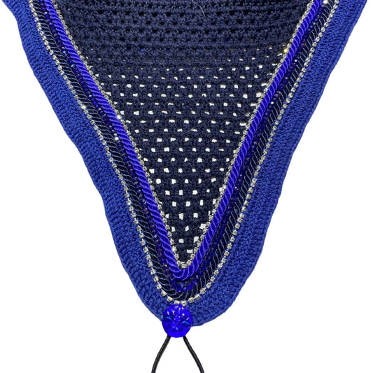 Tiedown Bonnets - Warmblood - Navy Base/Blue Straight Edge/2 Clear Bling/1 Navy Crystal/Blue and Navy Piping