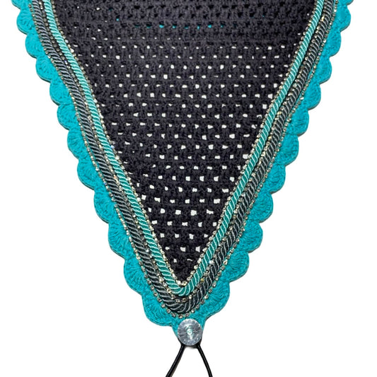 Tiedown Bonnets - Warmblood - Charcoal Base/Teal Scallops/3 Clear Bling/Teal and Grey Piping