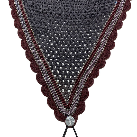 Tiedown Bonnets - Warmblood - Charcoal Base/Burgundy Scallops/3 Clear Bling/Burgundy & Grey Piping