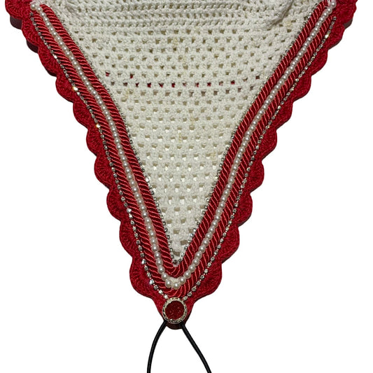 Tiedown Bonnets - Warmblood - White Base/Red Scallops/2 Clear Bling/1 White Pearl/2 Red Piping