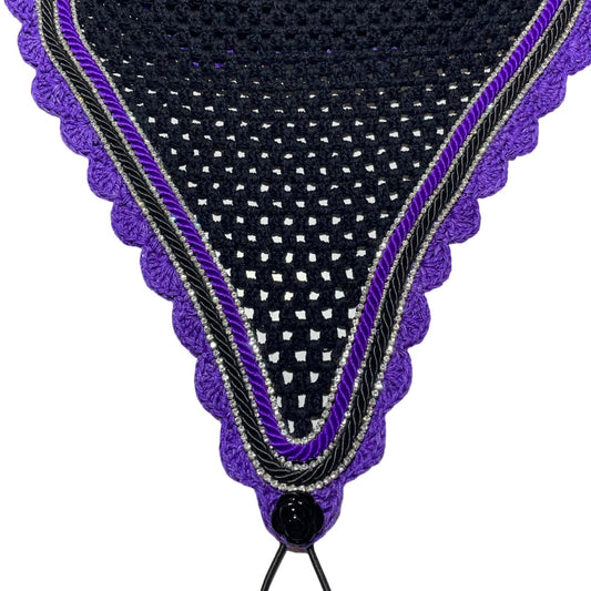 Tiedown Bonnets - Warmblood - Black Base/Purple Scallops/3 Clear Bling/Purple and Black Piping