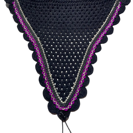 Tiedown Bonnets - Warmblood - Black Base/Black Scallops/1 Clear Bling/1 Purple Ribbon/1 Black Piping