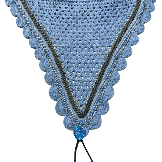 Tiedown Bonnets - Cob - Baby Blue Base/Baby Blue Scallops/2 Clear Bling/1 White Crystal/Grey and Baby Blue Piping