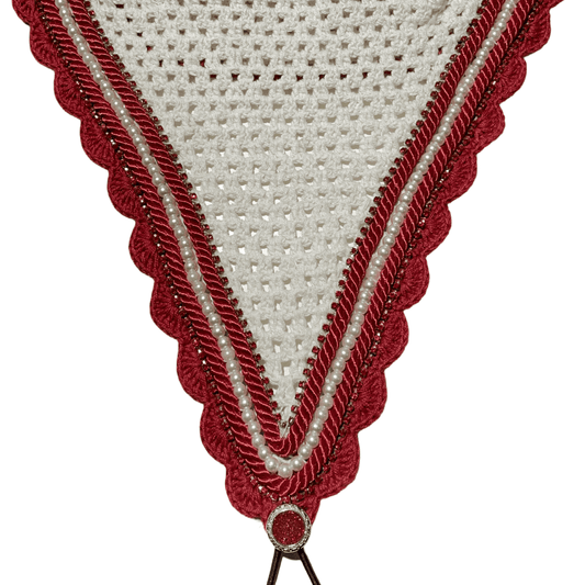 Tiedown Bonnets - Cob - White Base/Red Scallops/2 Red Bling/1 White Pearl/2 Red Piping