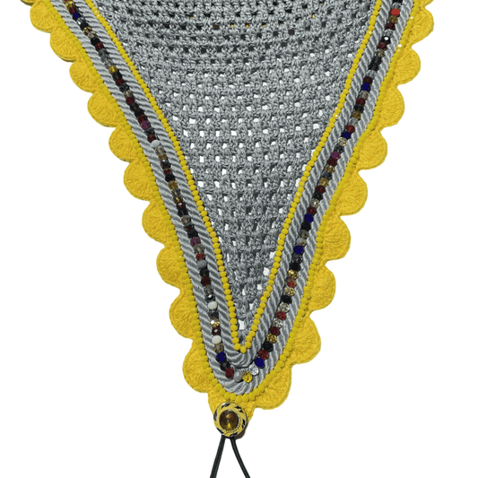 Tiedown Bonnets - Cob - Grey Base/Yellow Scallops/2 Yellow Crystals/1 Rainbow Pearl/2 Grey Piping