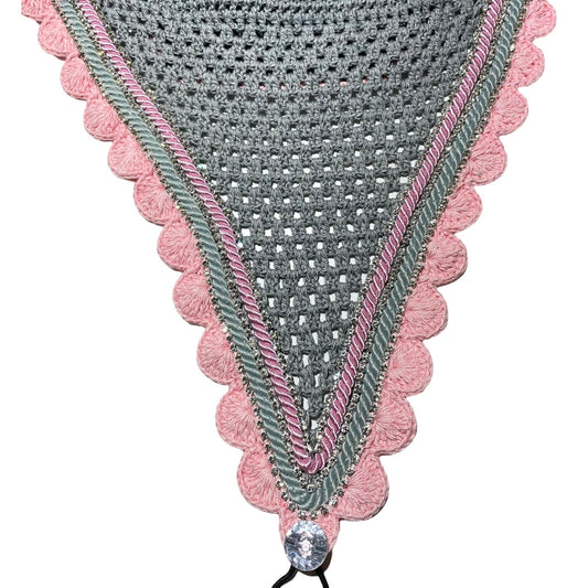 Tiedown Bonnets - Cob - Grey Base/Pink Scallops/3 Clear Bling/Grey and Pink Piping