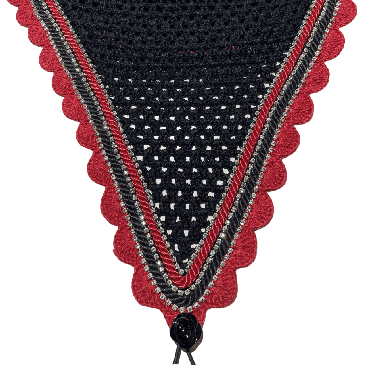 Tiedown Bonnets - Cob - Black Base/Red Scallops/3 Clear Bling/Red and Black Piping