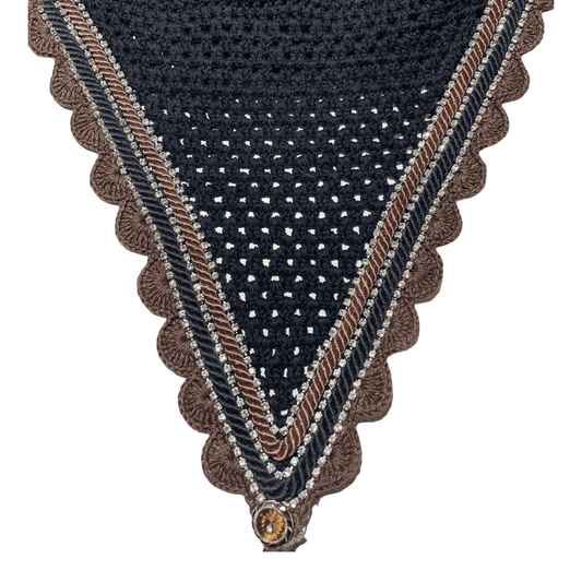 Tiedown Bonnets - Cob - Black Base/Brown Scallops/3 Clear Bling/Brown and Black Piping