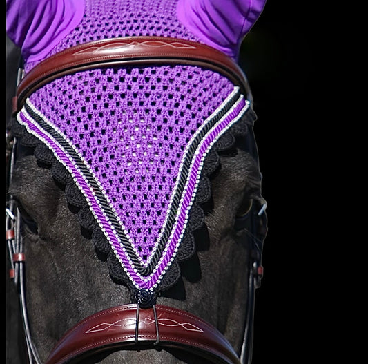 Tiedown Bonnets - Full - Purple Base/Black Scallops/3 Clear Bling/Purple & Black Piping