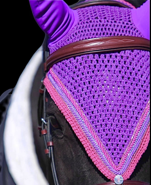 Tiedown Bonnets - Warmblood - Purple Base/Pink Straight Edge/2 Pink Bling/1 Purple Bling/Purple & Pink Piping