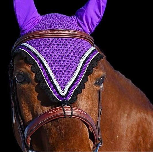 Tiedown Bonnets - Cob - Purple Base/Black Scallops/2 Clear Bling/1 Black Pearl/White and Purple Piping