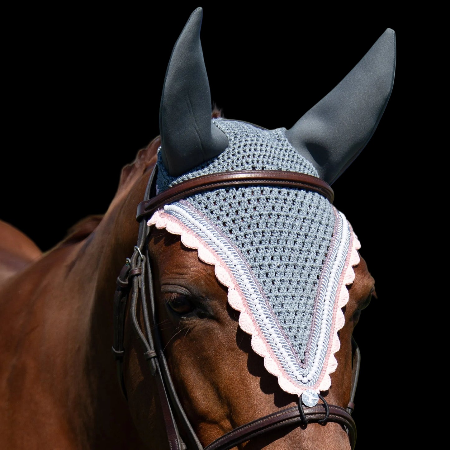 Soundproof - Tiedown Bonnets - Grey Base/Pastel Pink Scallops/2 Light Pink Crystals/1 White Pearl/2 Grey Piping