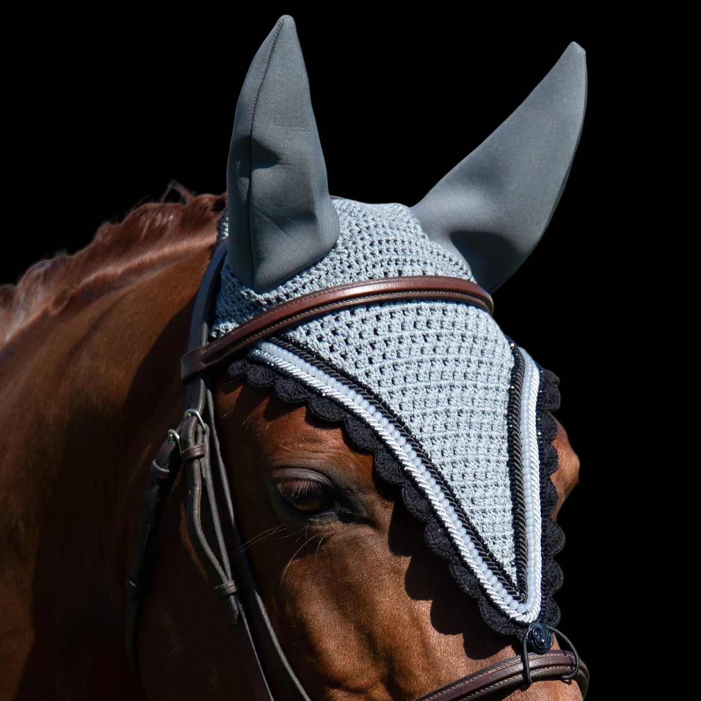 Soundproof - Tiedown Bonnets - Grey Base/Black Scallops/2 Black Crystals/1 Grey Pearl/1 Light Grey & 1 Dark Grey Piping
