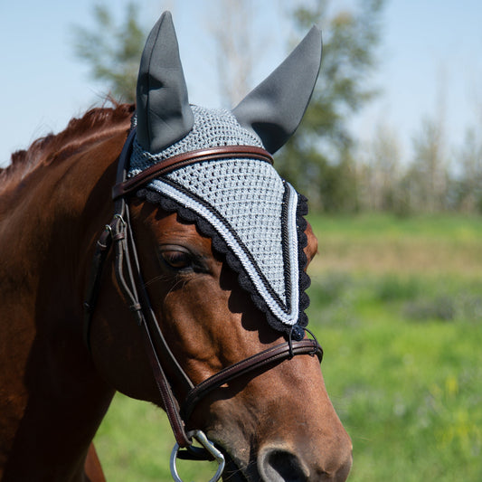 Soundproof - Tiedown Bonnets - Grey Base/Black Scallops/2 Black Crystals/1 Grey Pearl/1 Light Grey & 1 Dark Grey Piping