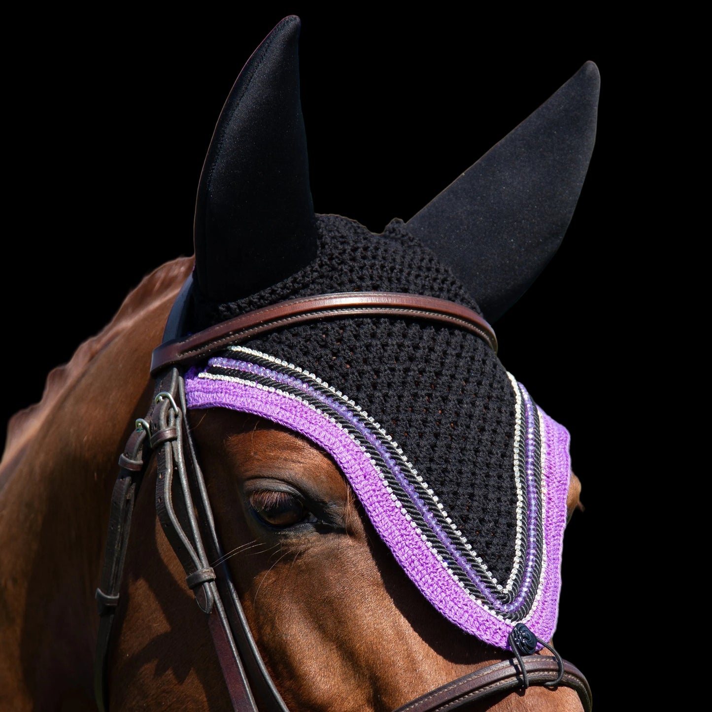 Soundproof - Tiedown Bonnets - Black Base/Purple Straight Edge/2 Clear Bling/1 Purple Crystal/2 Black Piping