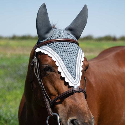 Soundproof - Tiedown Bonnets - Grey Base/White Scallops/2 Grey Crystal/1 Grey Pearl/2 White Piping