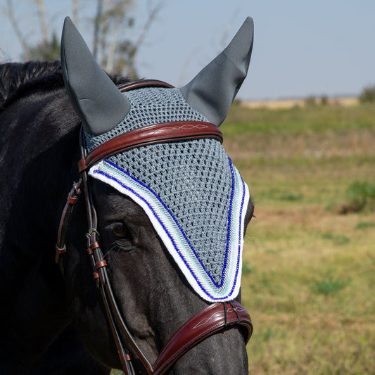 Soundproof - Tiedown Bonnets - Grey Base/White Straight Edge/2 Royal Blue & 1 Teal Crystals/1 Grey & 1 White Piping