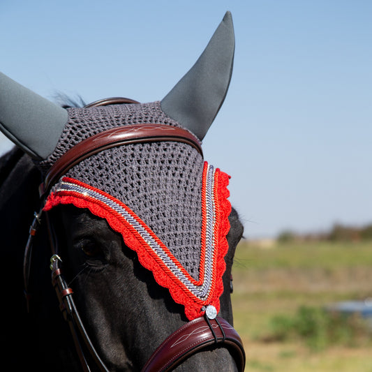 Soundproof - Tiedown Bonnets - Charcoal Base/Red Scallops/2 Clear Bling/2 Red & 1 Grey Piping