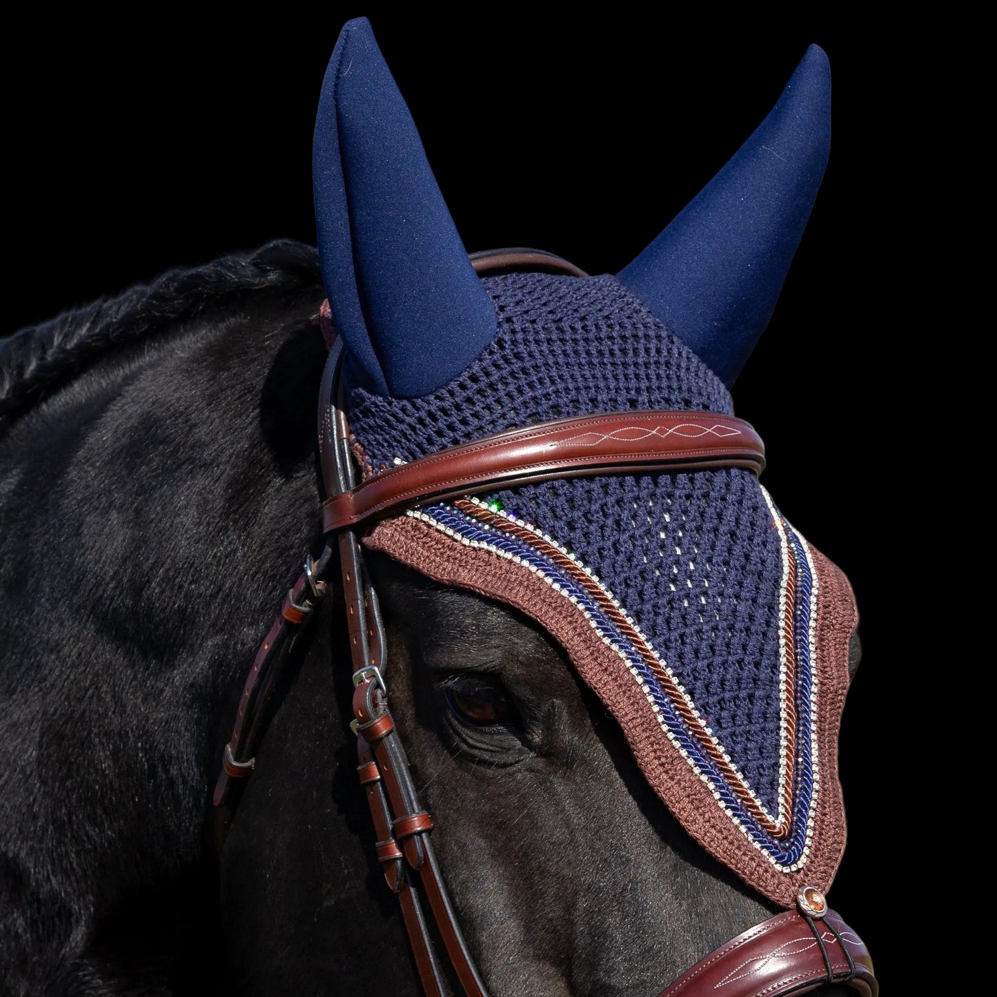 Soundproof - Tiedown Bonnets - Navy Base/Brown Straight Edge/2 Clear Bling/1 Brown Crystal/Navy and Brown Piping