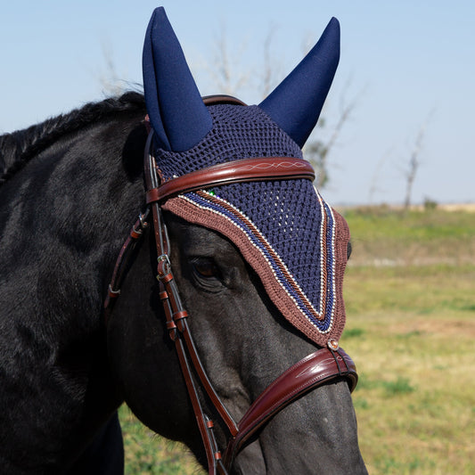 Soundproof - Tiedown Bonnets - Navy Base/Brown Straight Edge/2 Clear Bling/1 Brown Crystal/Navy and Brown Piping