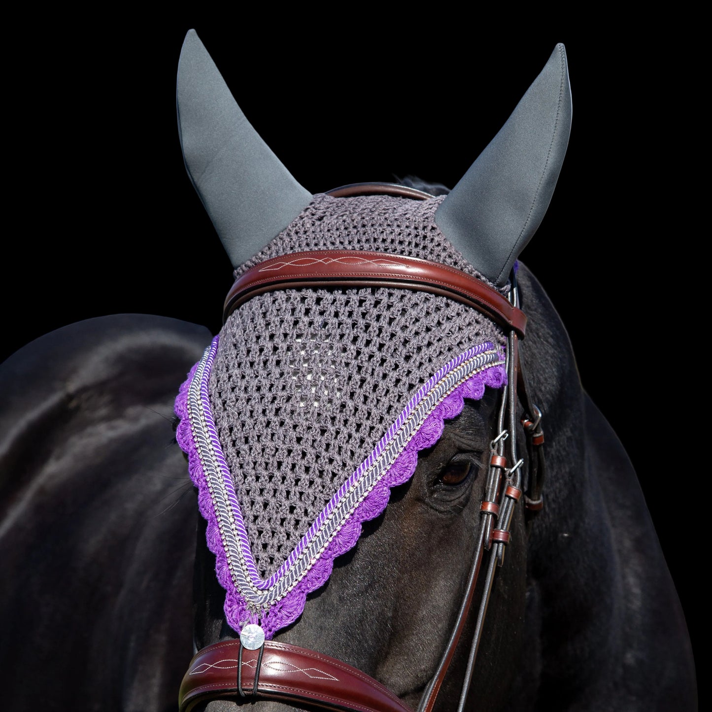 Soundproof - Tiedown Bonnets - Charcoal Base/Purple Scallops/2 Clear Bling/Grey & Purple Piping