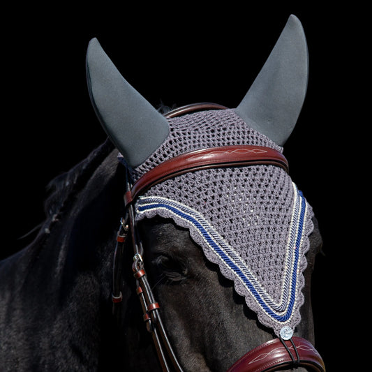 Soundproof - Tiedown Bonnets - Charcoal Base/Grey Scallops/3 Clear Bling/Navy & Grey Piping