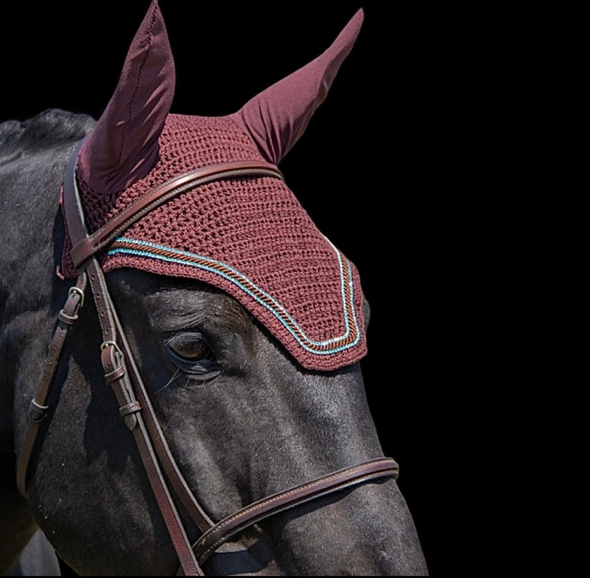 Classic Cut Bonnets - Warmblood - Brown Base/Brown Straight Edge/2 Teal Bling/1 Brown Piping