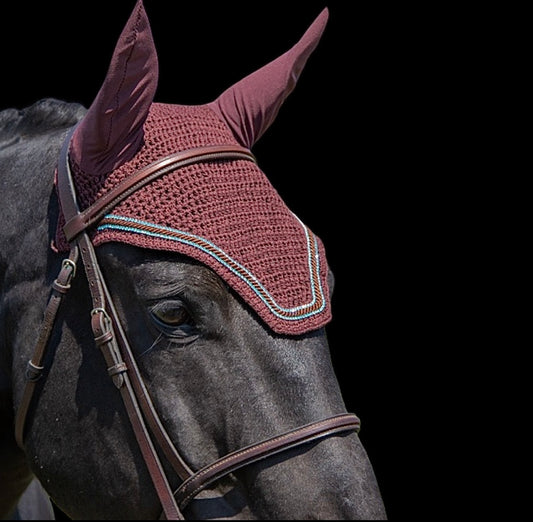 Classic Cut Bonnets - Warmblood - Brown Base/Brown Straight Edge/2 Teal Bling/1 Brown Piping