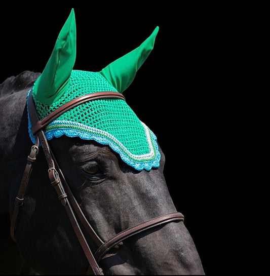Classic Cut Bonnets - Warmblood - Emerald Green Base/Sky Blue Scallops/2 Blue Bling/1 Clear Bling/Green & Blue Piping