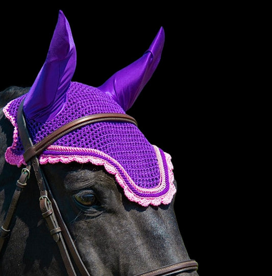 Classic Cut Bonnets - Warmblood - Purple Base/Pink Scallops/2 Pink Bling/1 Clear Bling/Pink & Purple Piping