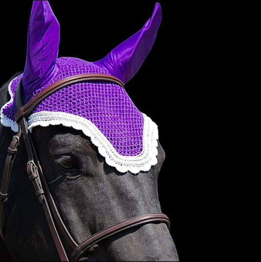 Classic Cut Bonnets - Warmblood - Purple Base/White Scalloped Edge/3 Bling/2 White Piping