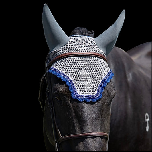 Soundproof - Classic Cut Bonnets - Warmblood - Grey Base/Navy Scallops/Blue and White Bling/ Navy Piping