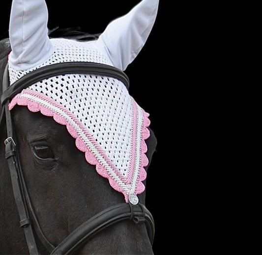 Tiedown Bonnets - Cob - White Base/Light Pink Scallops/2 Clear Bling/1 White Crystal/2 Light Pink Piping