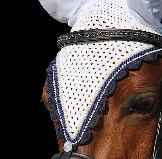 Tiedown Bonnets - Cob - White Base/Navy Scallops/1 Clear Bling/White Pearls/1 Navy Piping